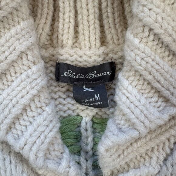 Eddie Bauer Woman's Full Zip Cardigan Bear Pine Tree Wool Blend Sweater Size M - Picture 5 of 7